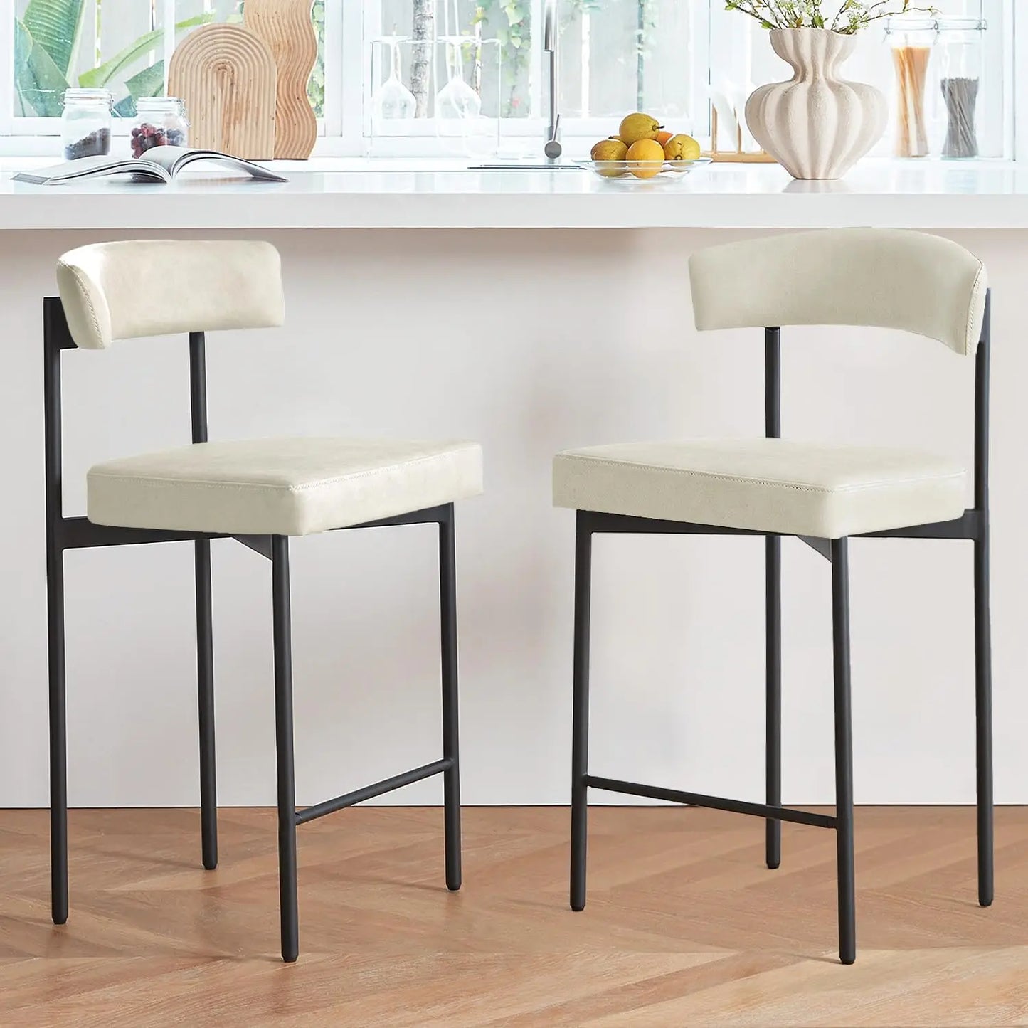 Brown Modern Bar Stools Set of 2 Faux Leather Curved Backrest Kitchen