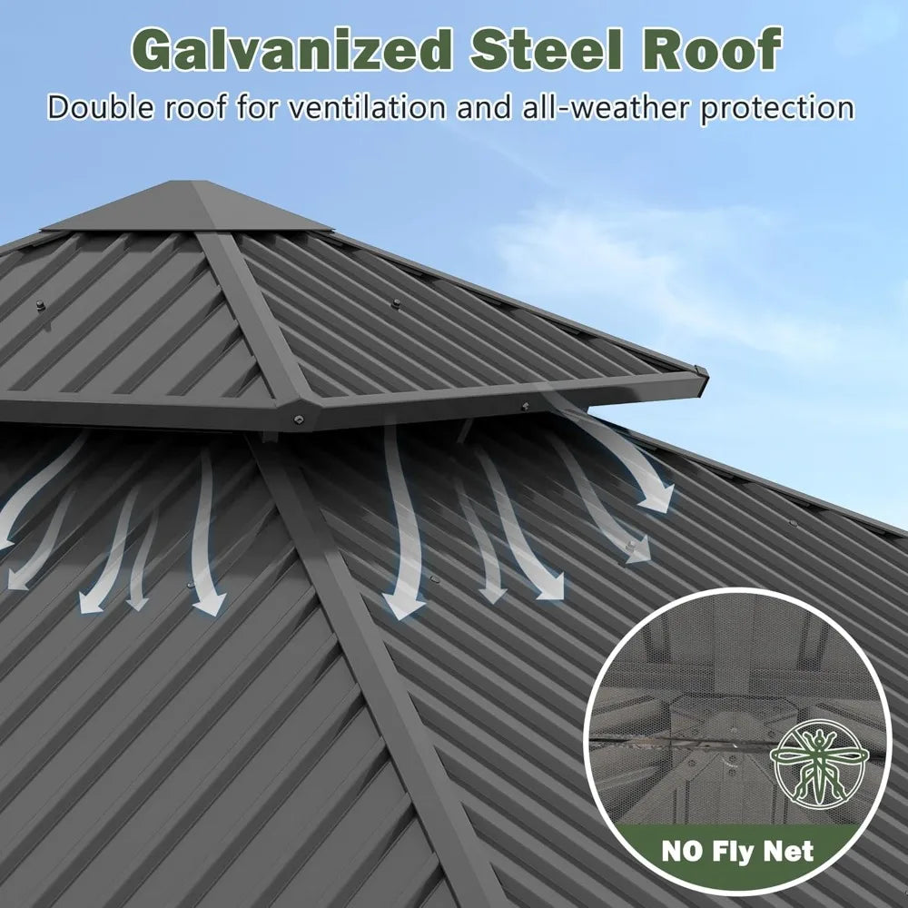 8.5ft Cedar Wood Hardtop Gazebo Double Roof Outdoor Pavilion