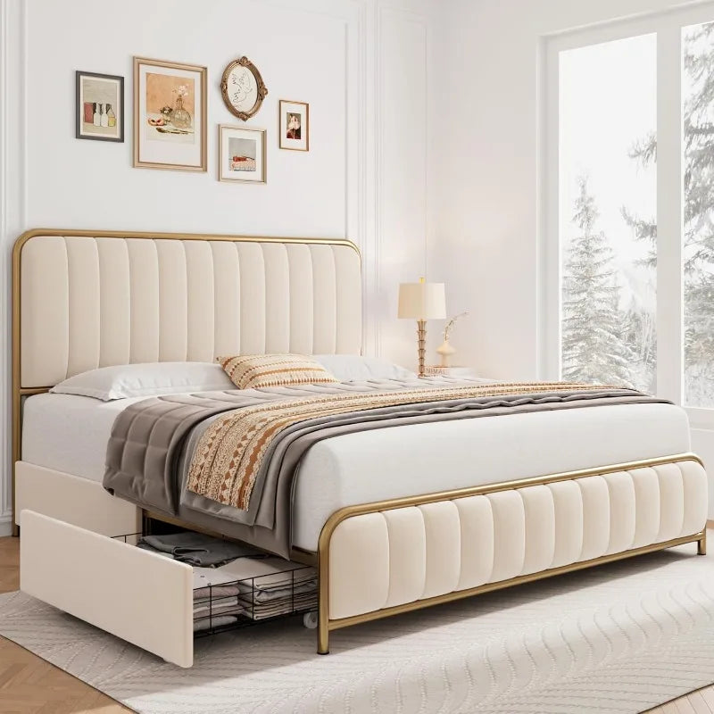 Upholstered Queen Size Bed with Storage Drawers Heavy Duty Frame