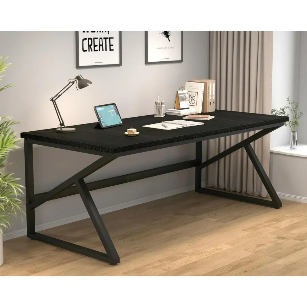 Large Metal Wood Computer Desk for 2 Monitors 70 Inch Home Office