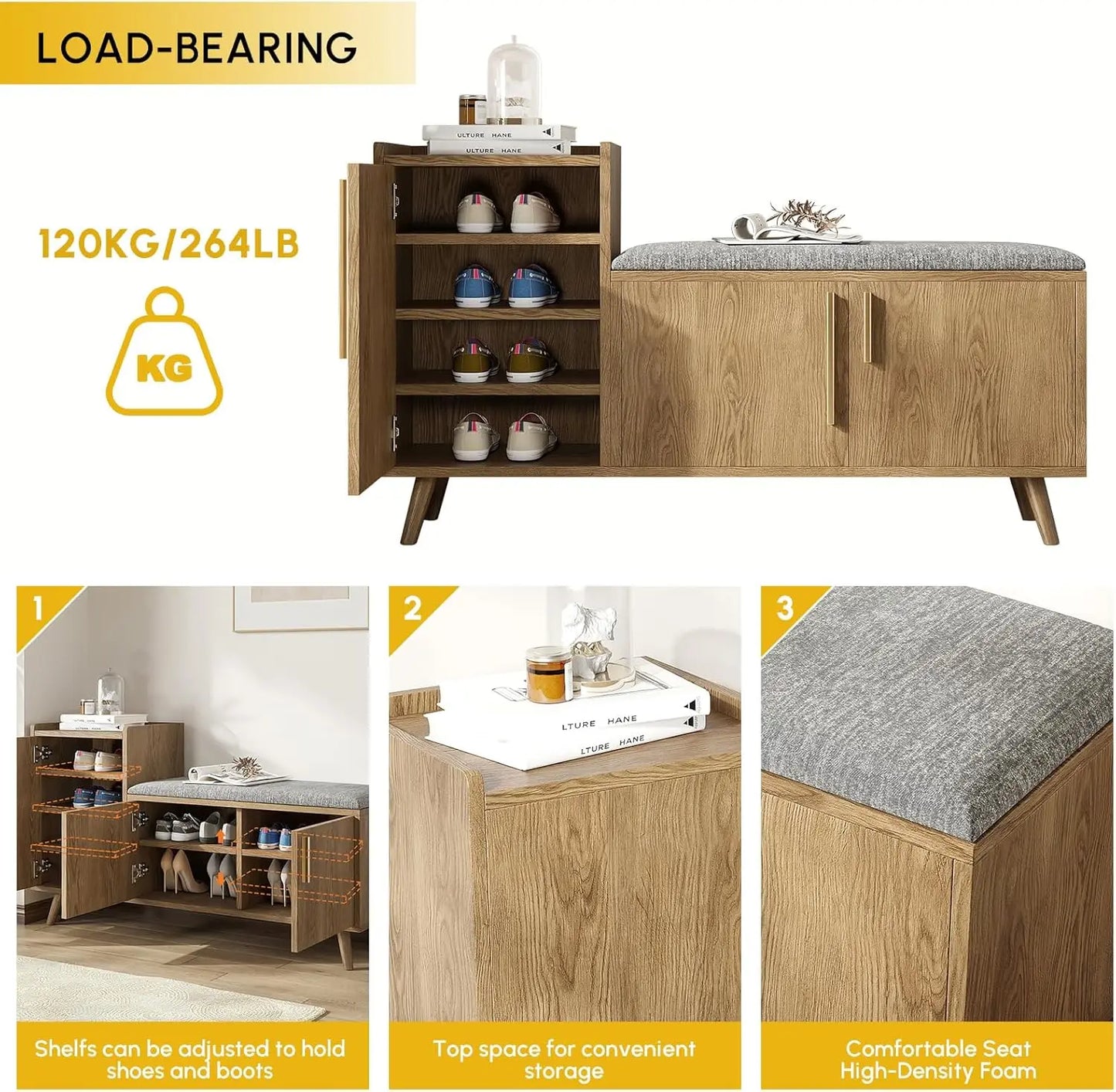 2-in-1 Storage Bench Entryway Bench Shoe Organizer with Cushion