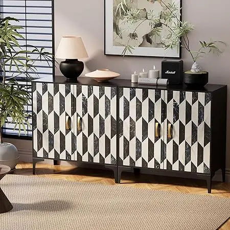 Black Sideboard Buffet Storage Cabinet with Faux Marble Doors 2 Packs