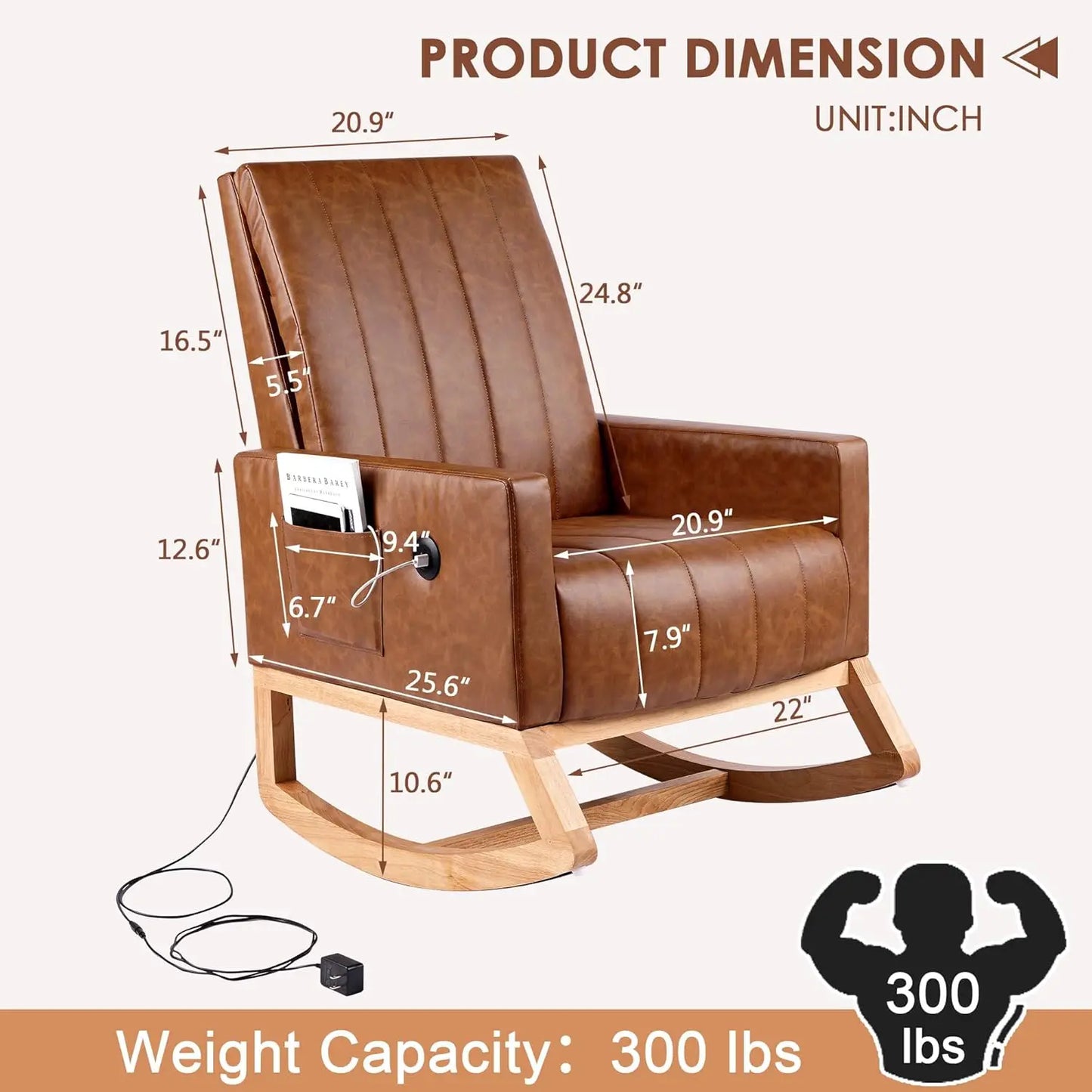 Rocking Chair Nursery Leather Upholstered Glider Modern Armchair USB Port