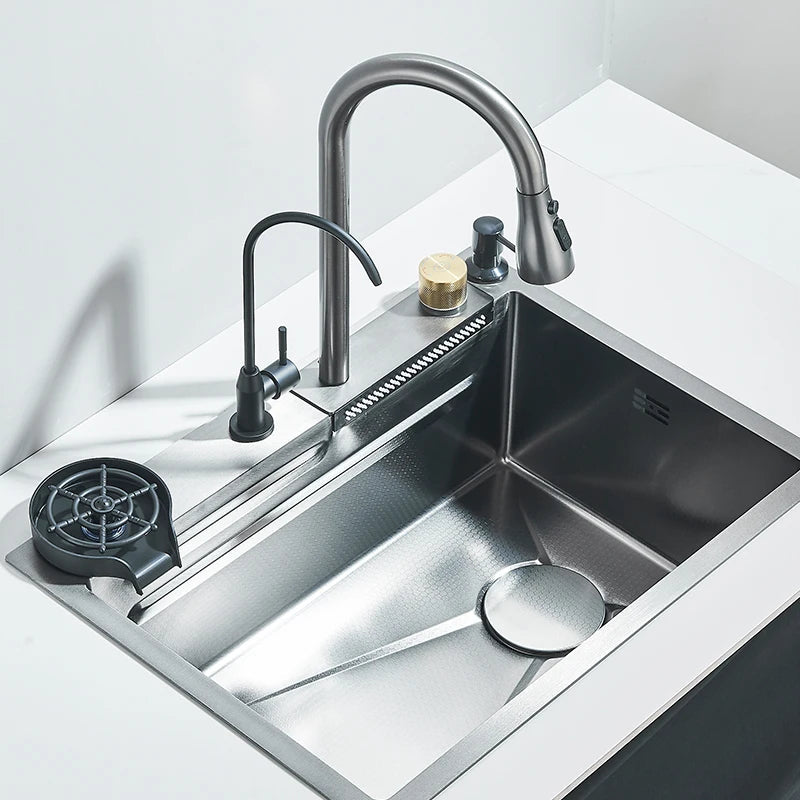 Ljustra Stainless Steel Waterfall Kitchen Sink Integrated Faucet Dispenser