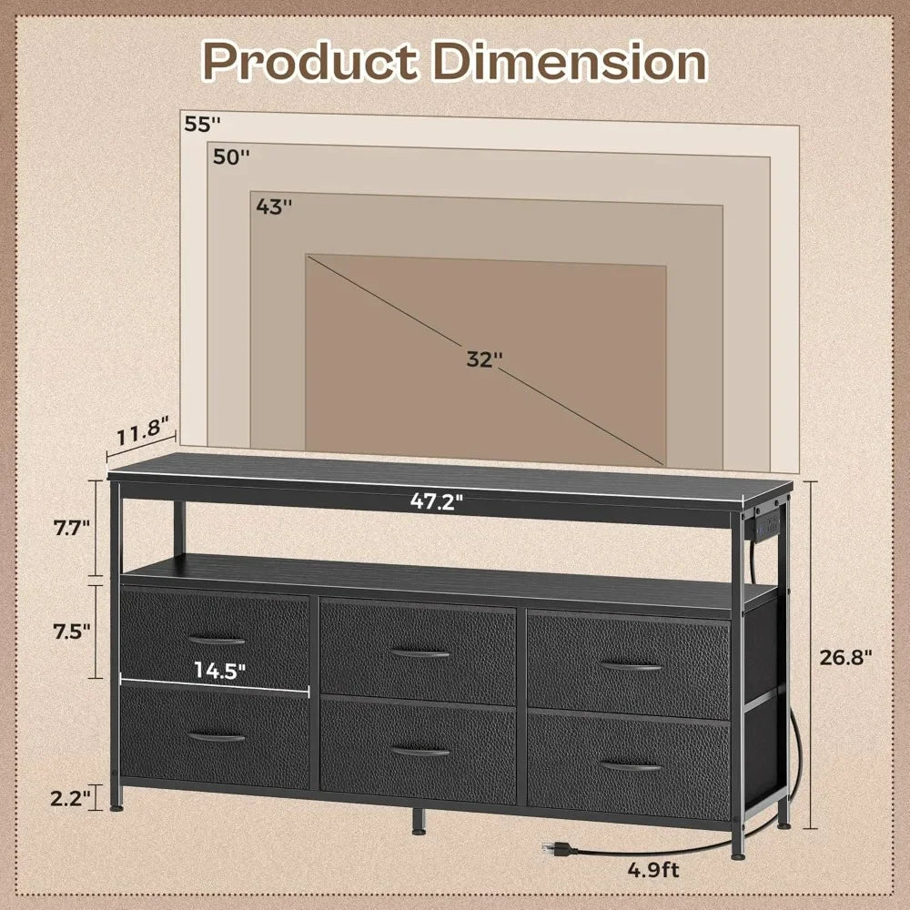 LED TV Stand 47 Inch Fabric Dresser with Power Outlets and 6 Drawers