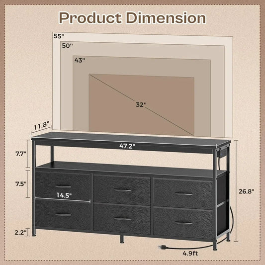 LED TV Stand 47 Inch Fabric Dresser with Power Outlets and 6 Drawers
