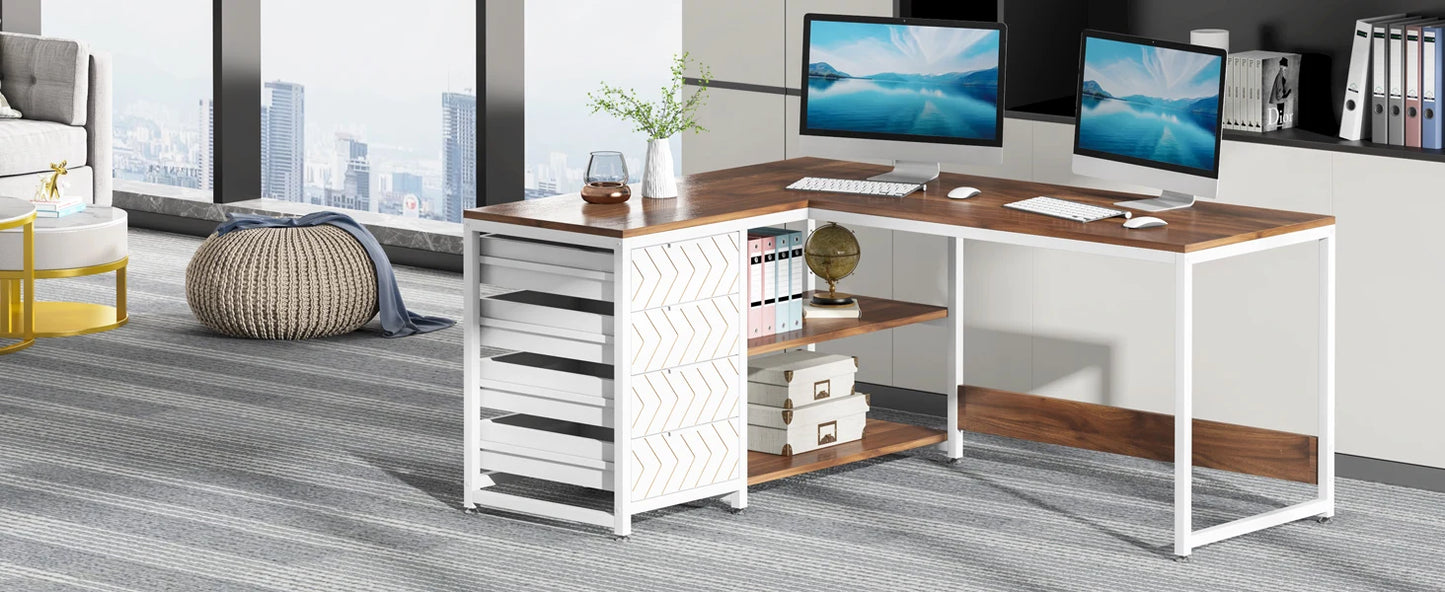L Shaped Computer Desk with Storage Drawers Reversible Corner Desk