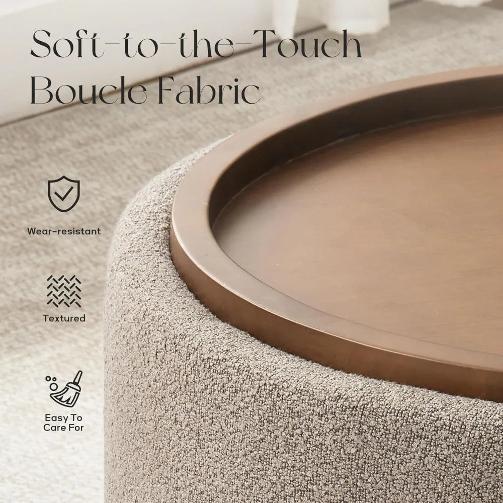 30 Inch Round Storage Ottoman Coffee Table Modern Boucle Lift-Off Lid