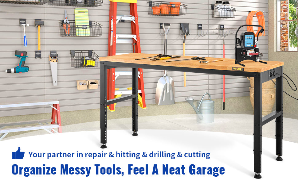 Ljustra Adjustable Height Oak Wood Workbench 900KG Capacity for Workshop