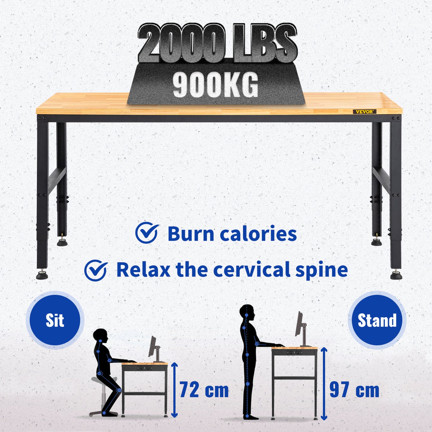 Ljustra Adjustable Height Oak Wood Workbench 900KG Capacity for Workshop