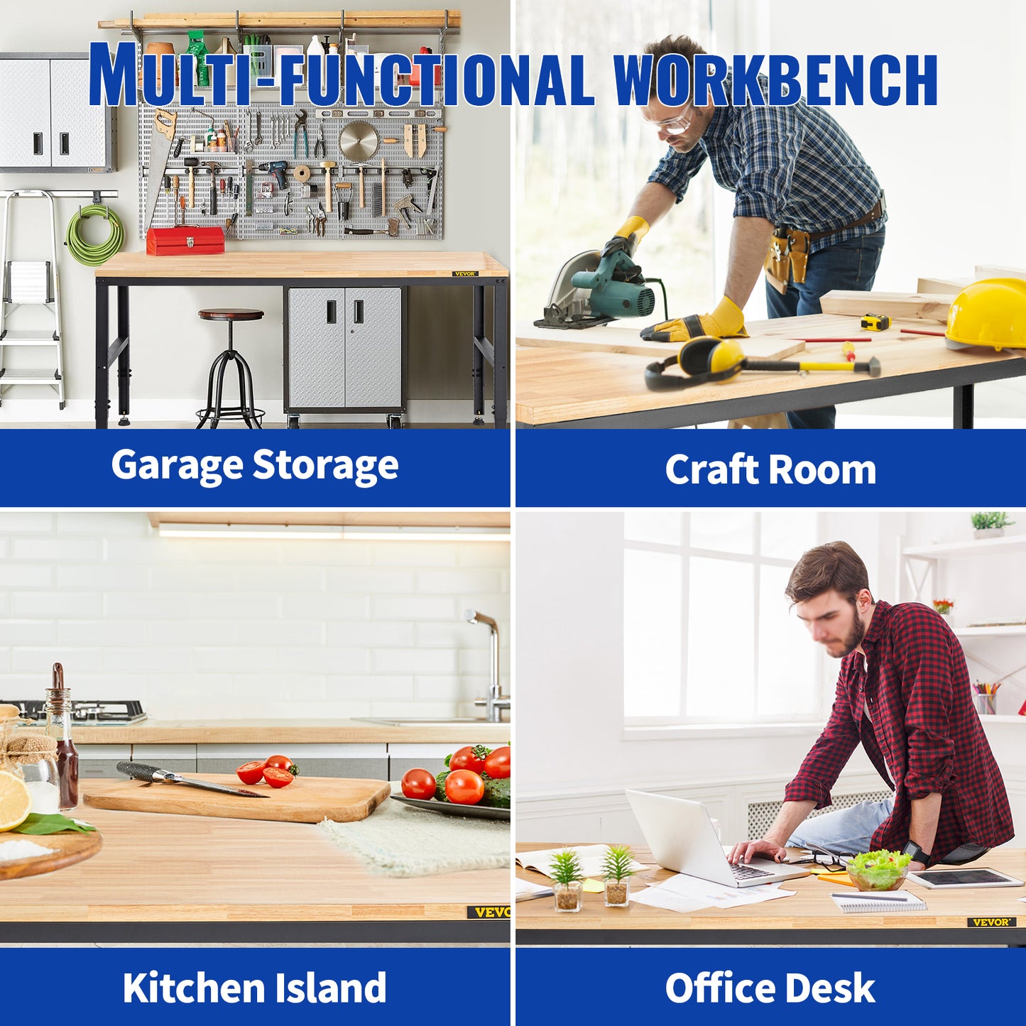 Ljustra Adjustable Height Oak Wood Workbench 900KG Capacity for Workshop