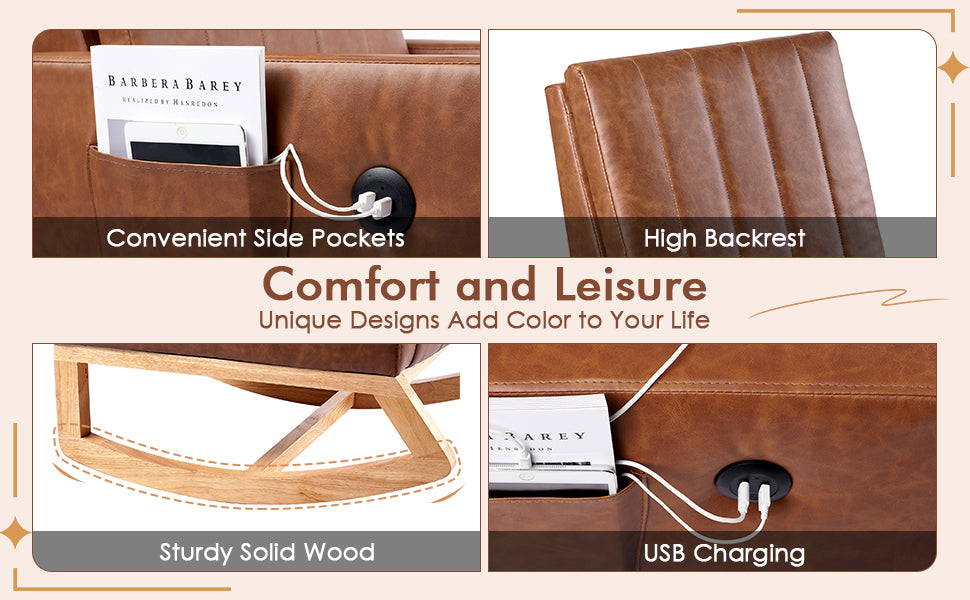 Rocking Chair Nursery Leather Upholstered Glider Modern Armchair USB Port