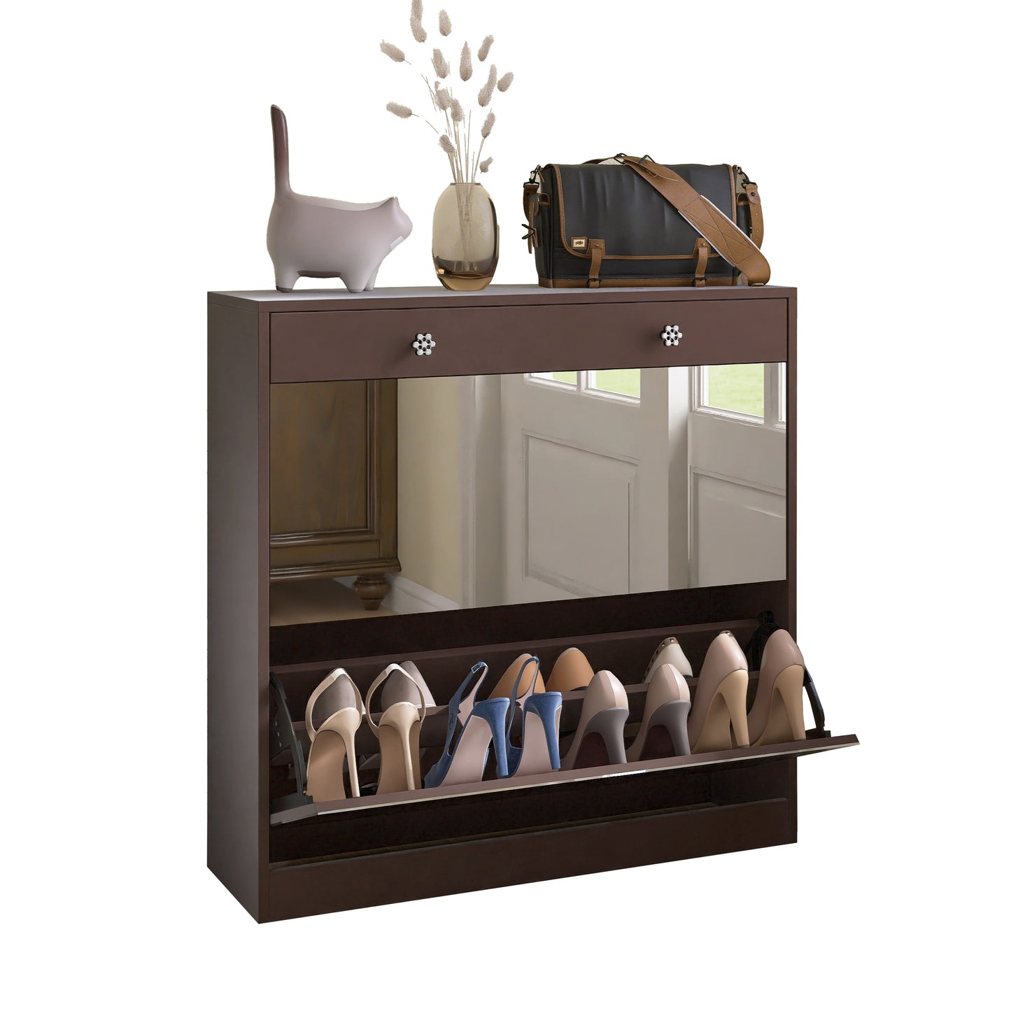 Brown Finish Mirror Shoe Cabinet with 2 Tier Storage Drawers
