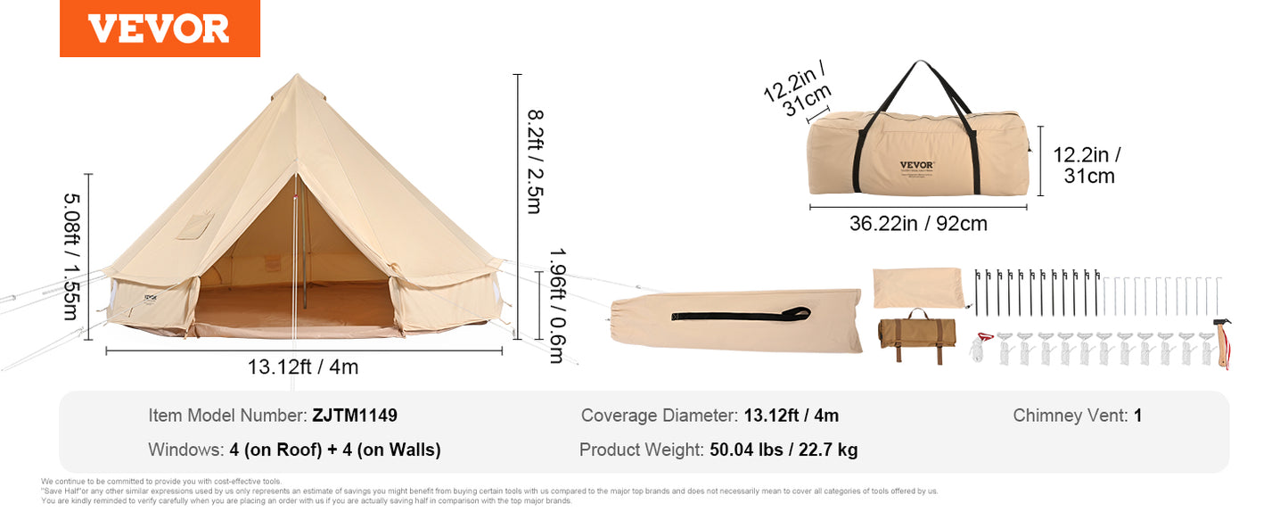 Ljustra Canvas Bell Tent 5m Yurt Tent for 8 People Camping Stove