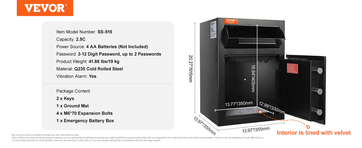 Ljustra 1.7/2.5 Cub Depository Safe Electronic Lock Drop Slot Secure Storage