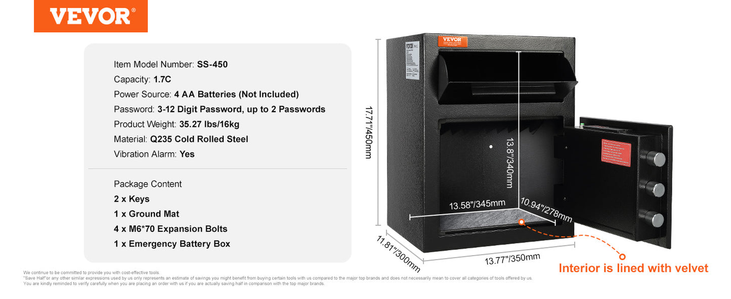 Ljustra 1.7/2.5 Cub Depository Safe Electronic Lock Drop Slot Secure Storage