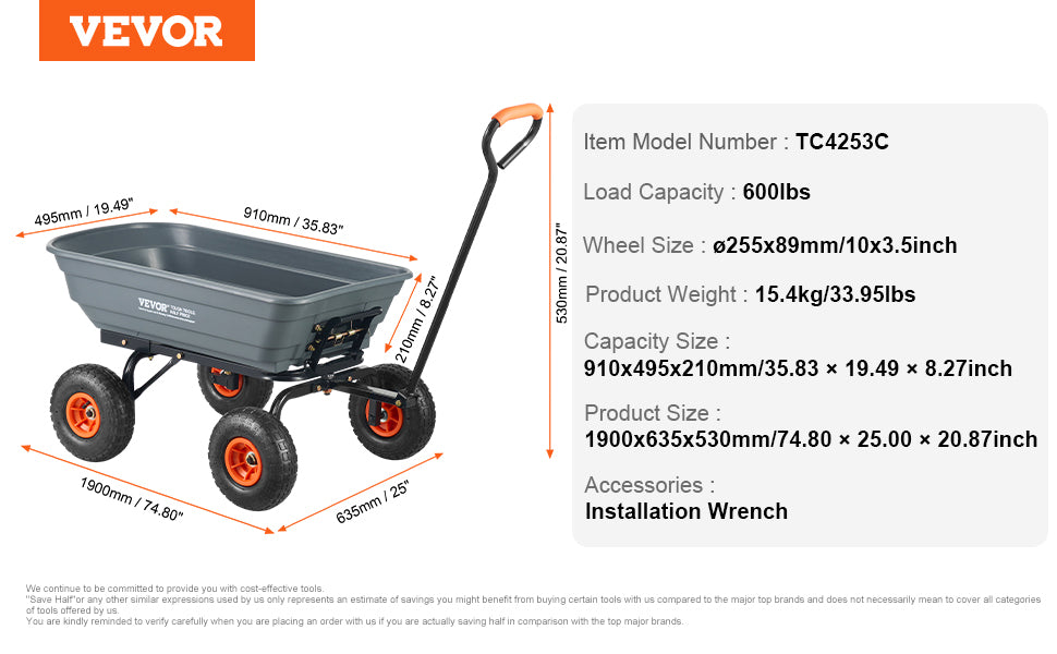 Ljustra Poly Garden Dump Cart Heavy Duty Easy Assembly Steel Wagon