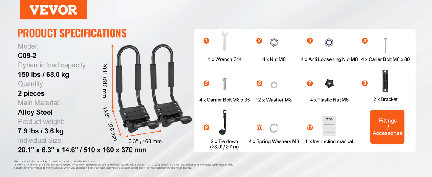 Ljustra J-Bar Kayak Roof Rack 2 Pairs Folding Carrier for Kayaks Canoes