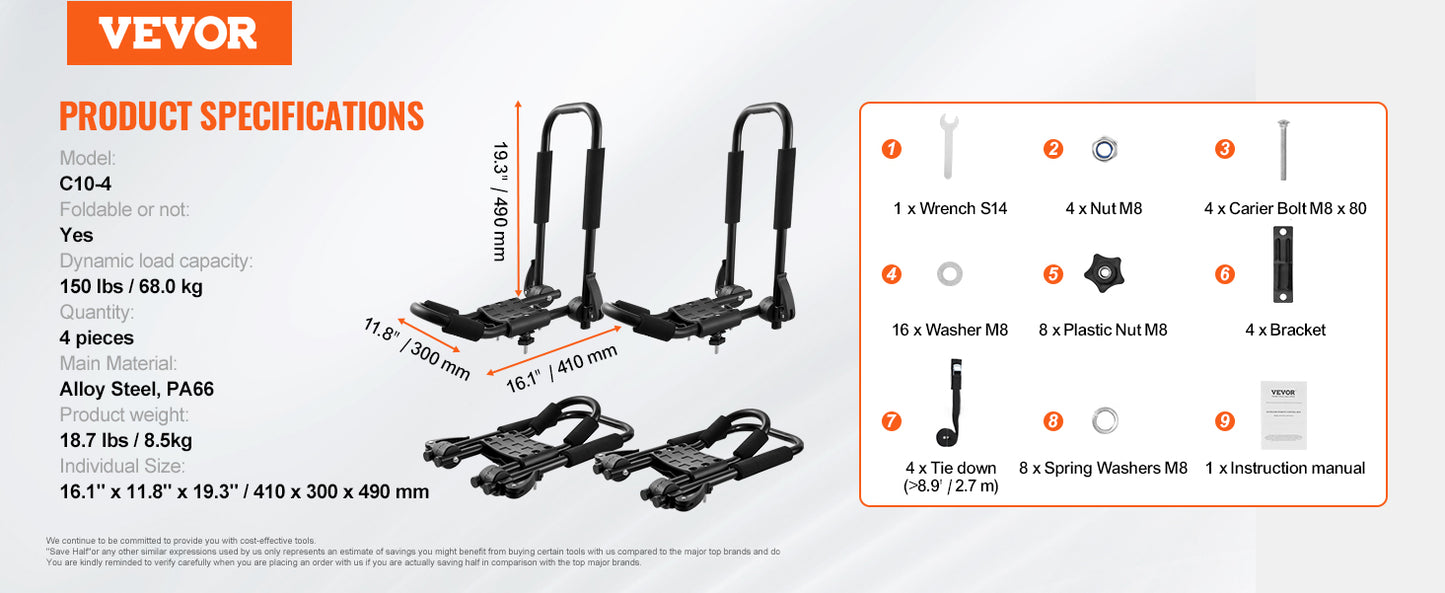 Ljustra J-Bar Kayak Roof Rack 2 Pairs Folding Carrier for Kayaks Canoes