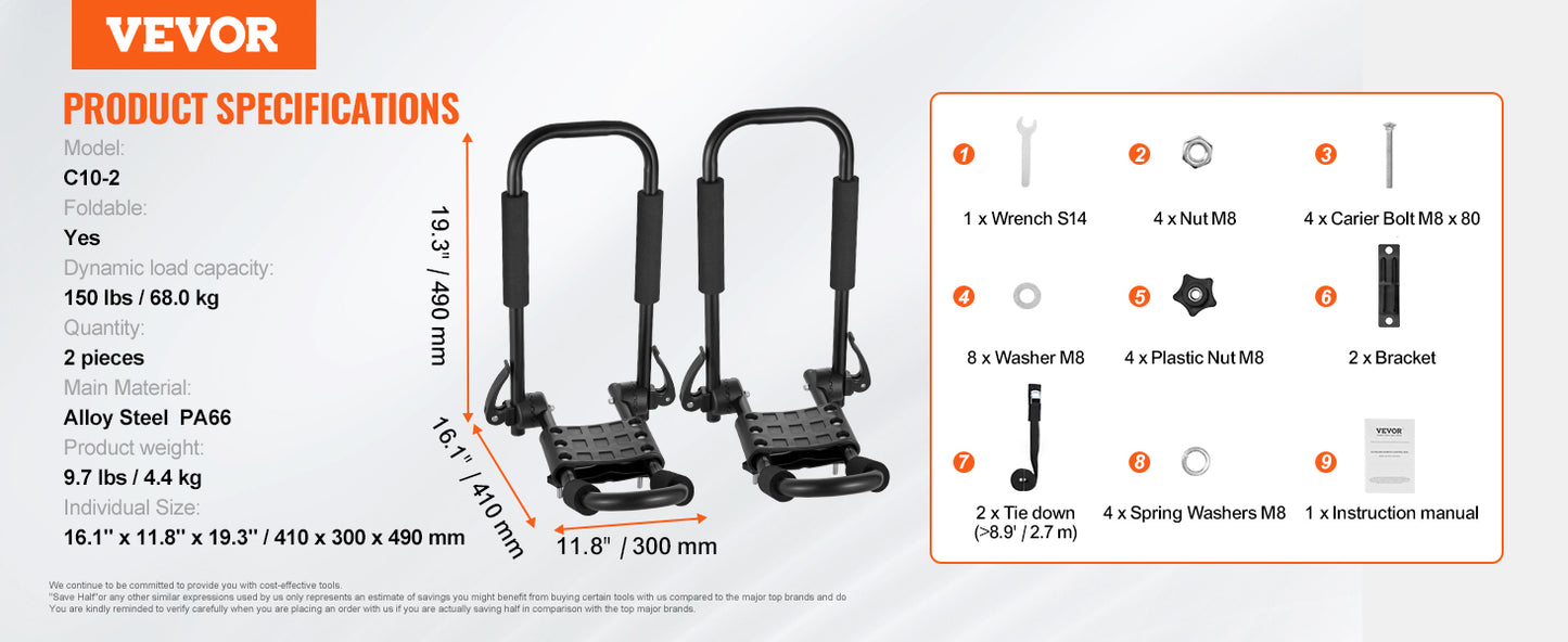 Ljustra J-Bar Kayak Roof Rack 2 Pairs Folding Carrier for Kayaks Canoes