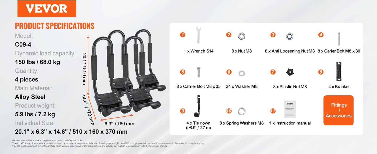 Ljustra J-Bar Kayak Roof Rack 2 Pairs Folding Carrier for Kayaks Canoes