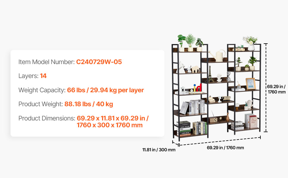 Ljustra Industrial Metal Bookshelf 3-14-Tier Open Storage Bookcase