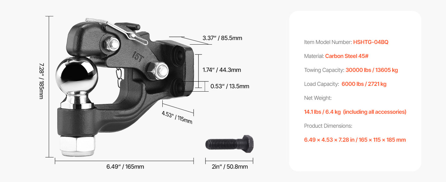 Heavy Duty Pintle Hook Trailer Receiver 20000 30000Lbs Towing Capacity
