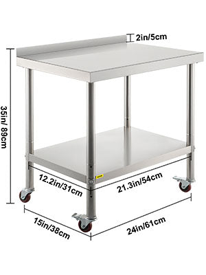 Heavy Duty Stainless Steel Kitchen Prep Table with Backsplash and Casters
