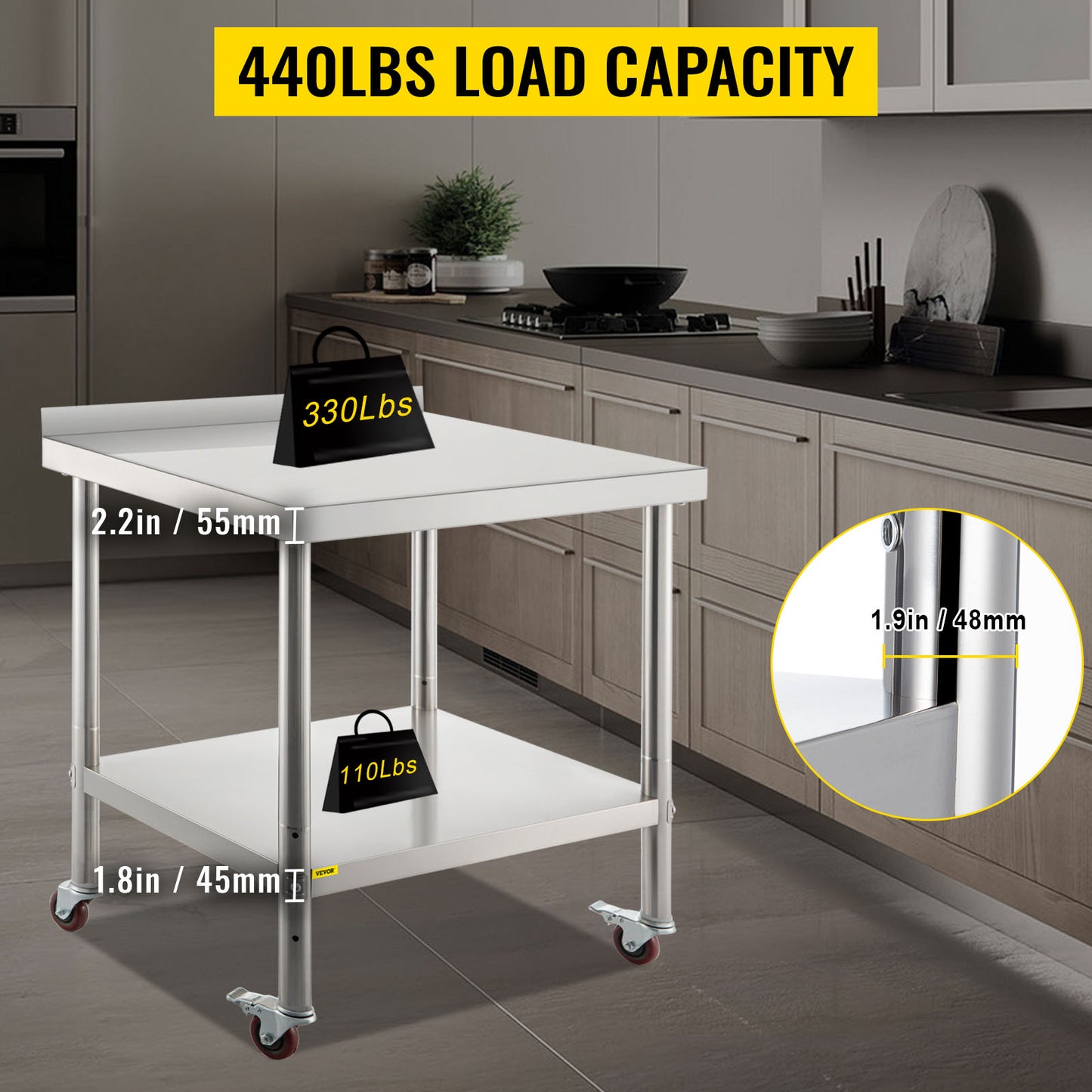 Heavy Duty Stainless Steel Kitchen Prep Table with Backsplash and Casters