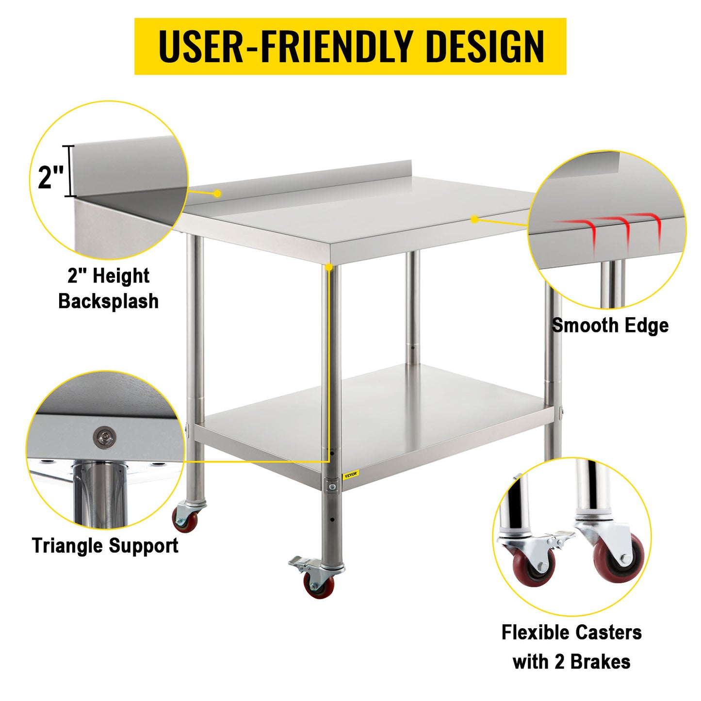 Heavy Duty Stainless Steel Kitchen Prep Table with Backsplash and Casters