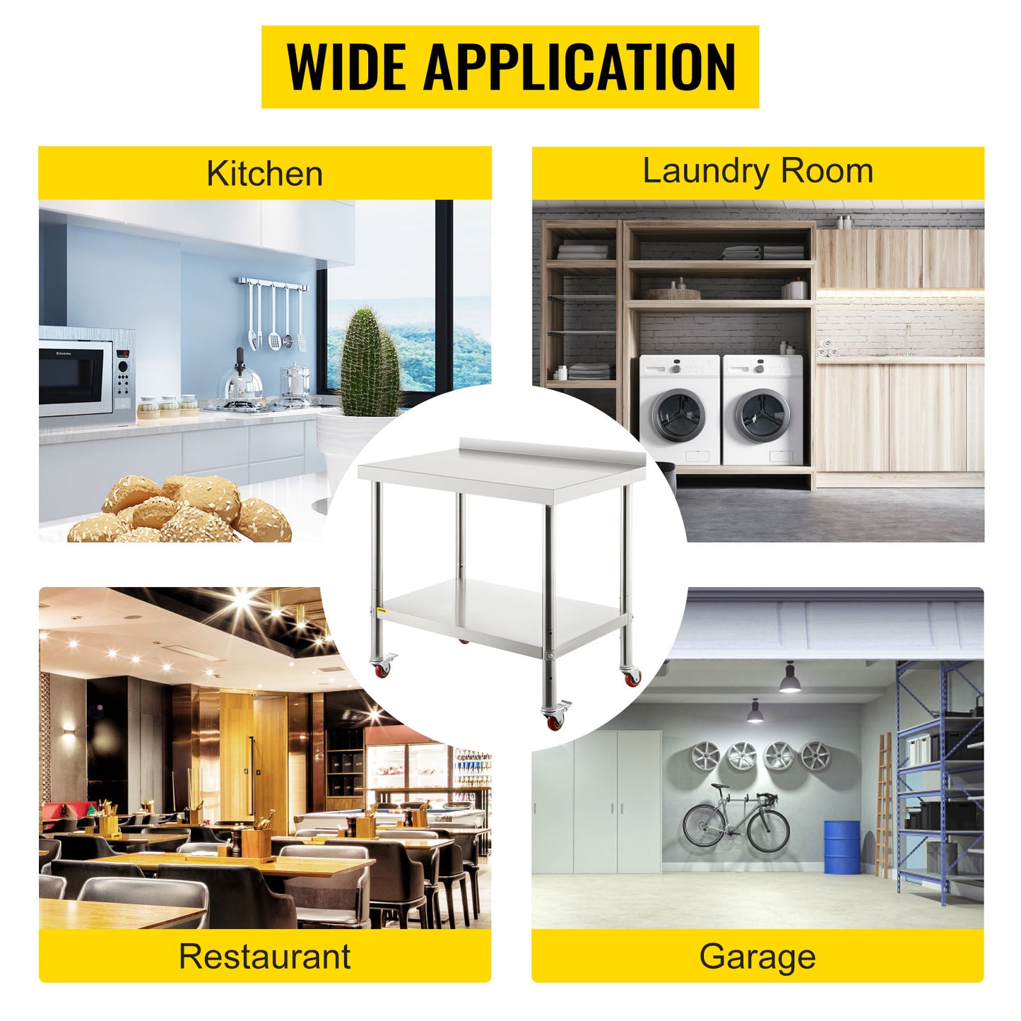Heavy Duty Stainless Steel Kitchen Prep Table with Backsplash and Casters