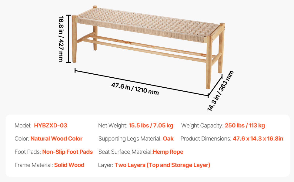 Ljustra Rattan Bench Entryway Seating Boho Oak Wood Legs Living Room
