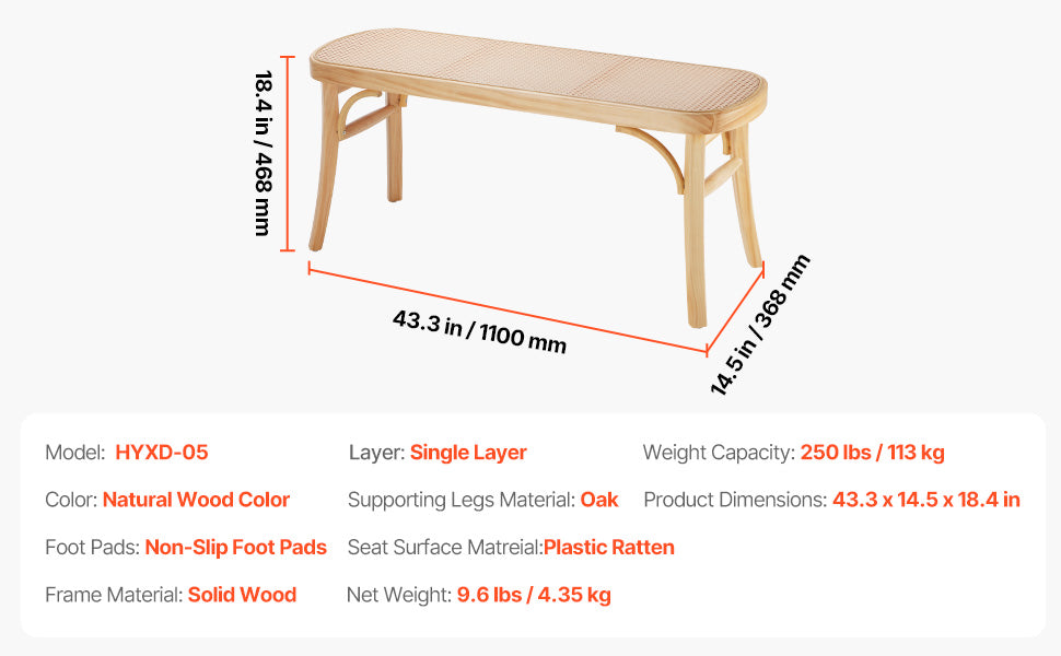 Ljustra Rattan Bench Entryway Seating Boho Oak Wood Legs Living Room