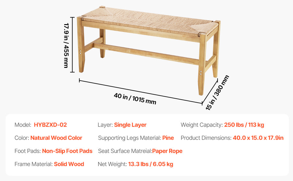 Ljustra Rattan Bench Entryway Seating Boho Oak Wood Legs Living Room