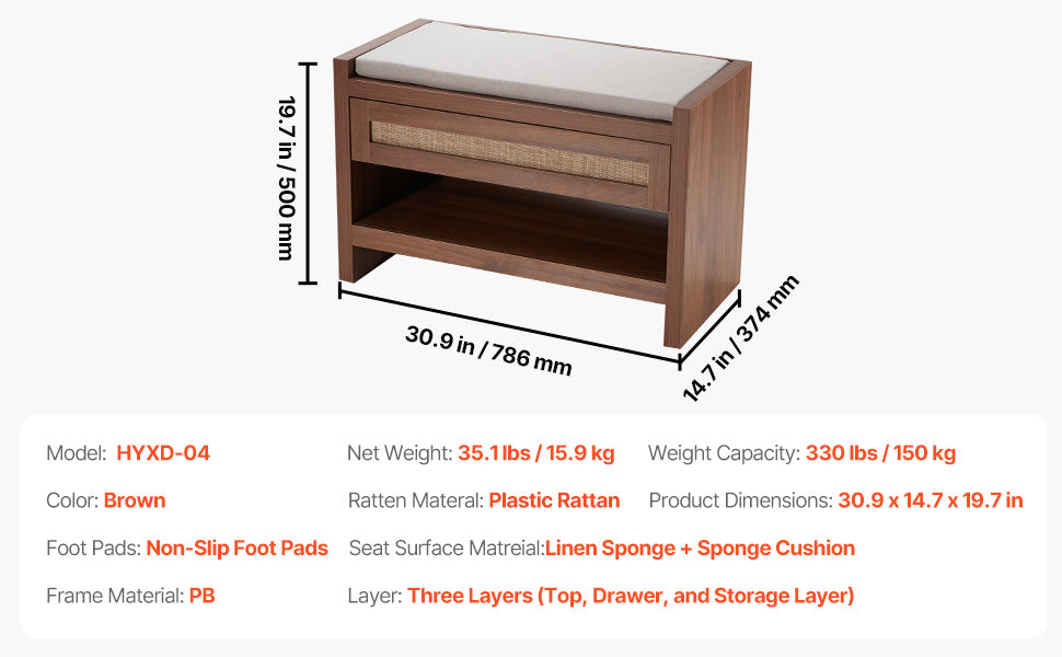 Ljustra Rattan Bench Entryway Seating Boho Oak Wood Legs Living Room