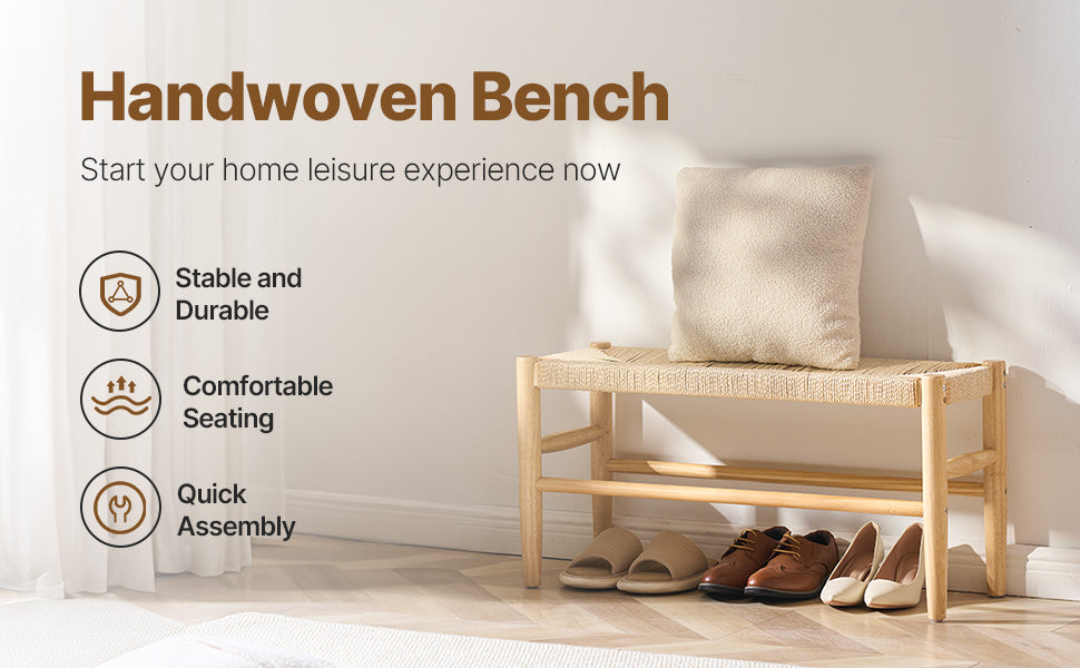 Ljustra Rattan Bench Entryway Seating Boho Oak Wood Legs Living Room