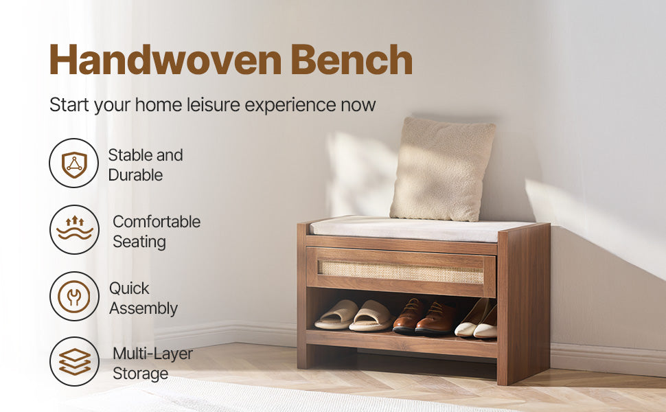 Ljustra Rattan Bench Entryway Seating Boho Oak Wood Legs Living Room