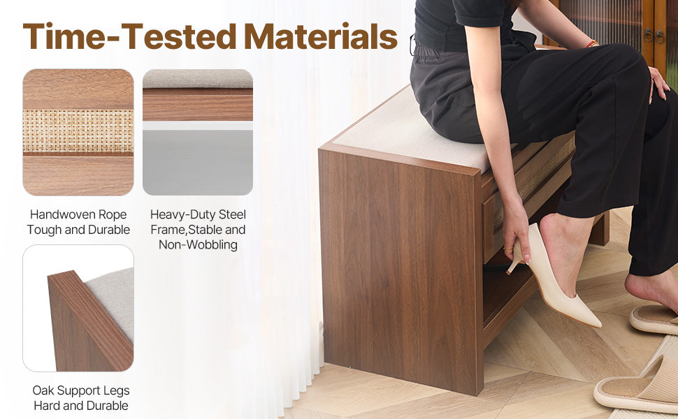 Ljustra Rattan Bench Entryway Seating Boho Oak Wood Legs Living Room