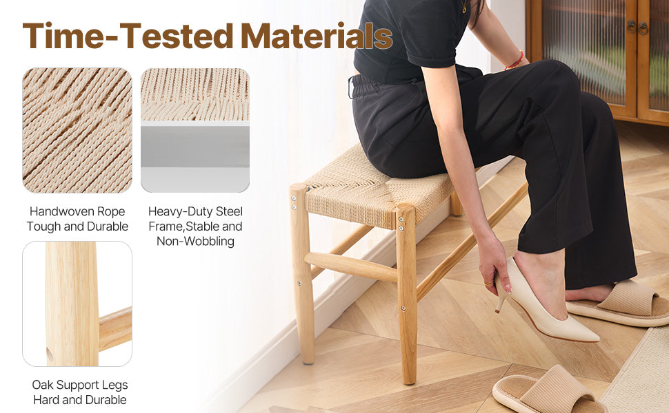 Ljustra Rattan Bench Entryway Seating Boho Oak Wood Legs Living Room