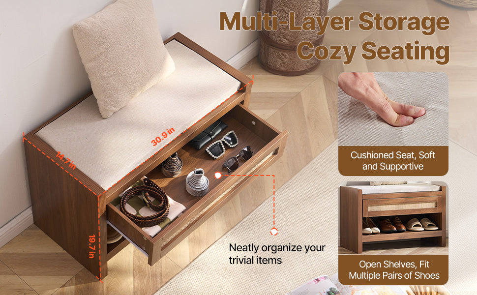 Ljustra Rattan Bench Entryway Seating Boho Oak Wood Legs Living Room