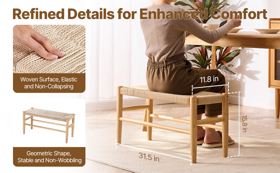 Ljustra Rattan Bench Entryway Seating Boho Oak Wood Legs Living Room