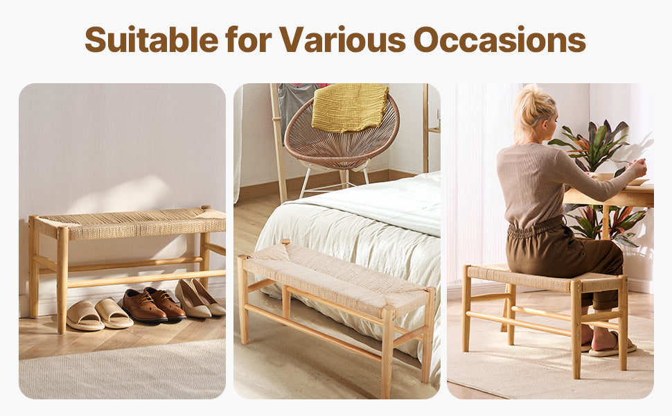 Ljustra Rattan Bench Entryway Seating Boho Oak Wood Legs Living Room