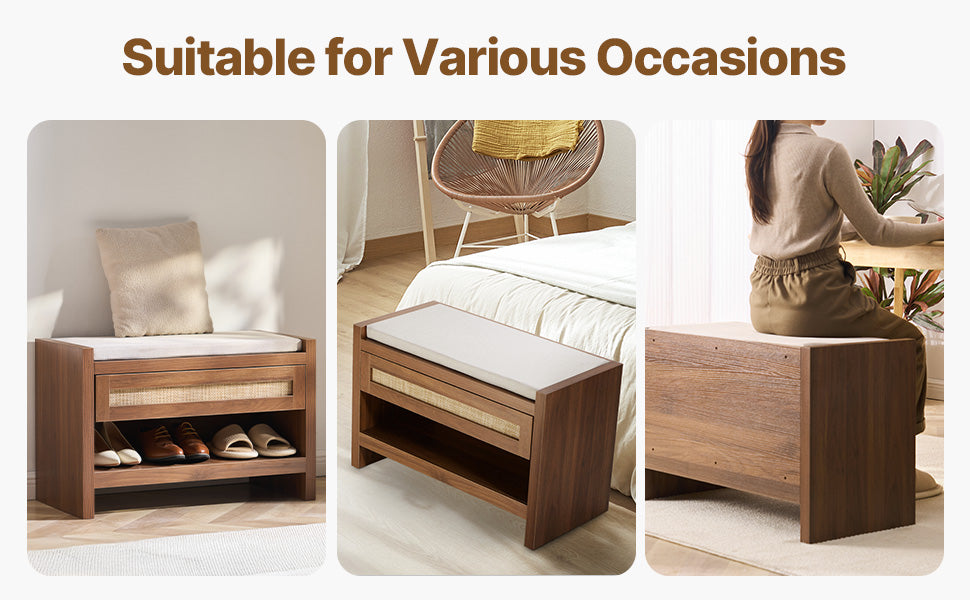 Ljustra Rattan Bench Entryway Seating Boho Oak Wood Legs Living Room