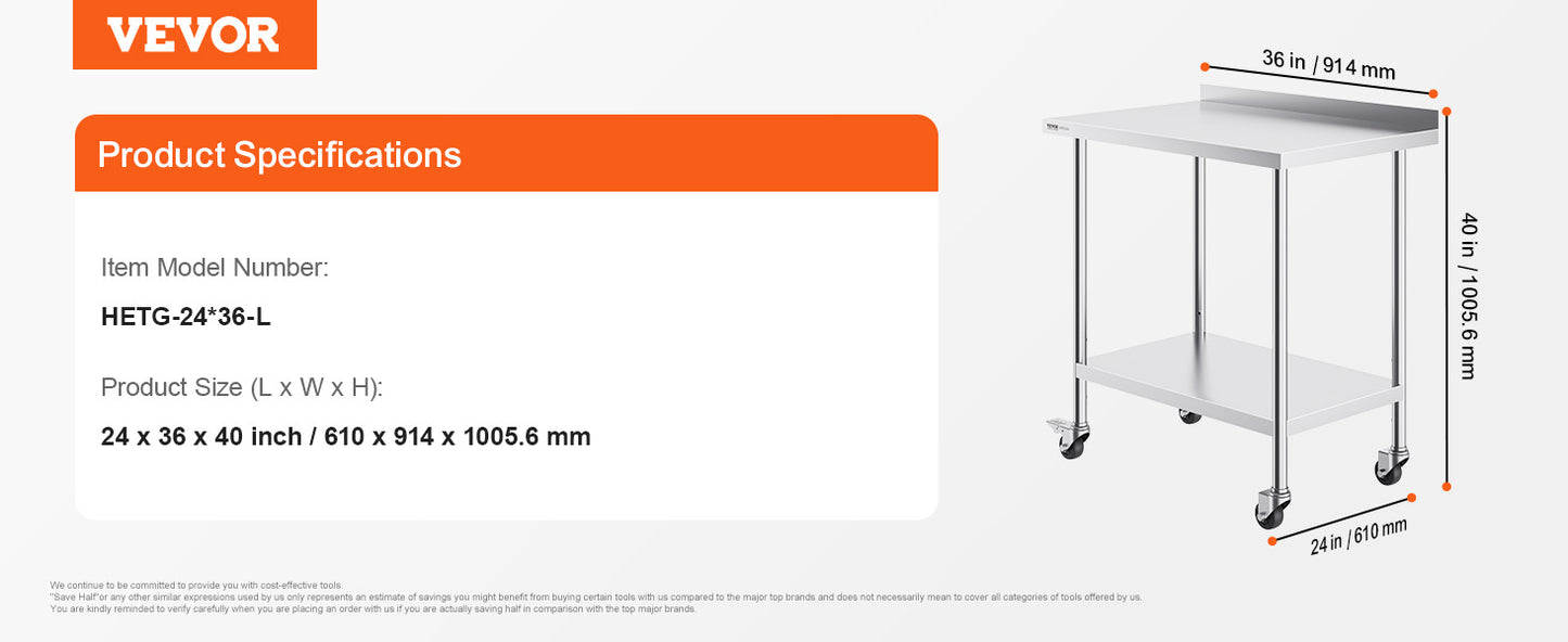 Ljustra Stainless Steel Work Table Commercial Food Prep Table Heavy Duty