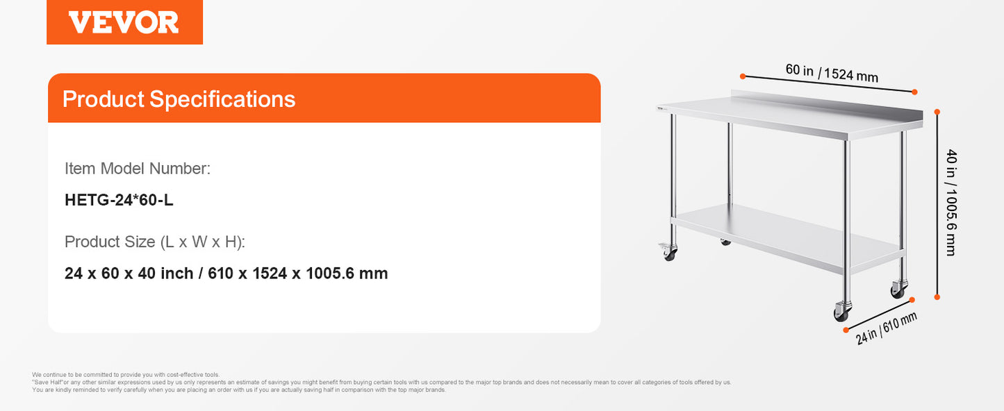 Ljustra Stainless Steel Work Table Commercial Food Prep Table Heavy Duty