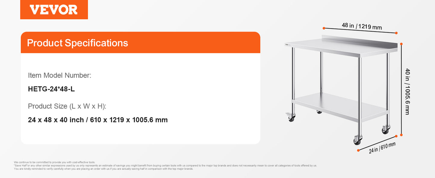 Ljustra Stainless Steel Work Table Commercial Food Prep Table Heavy Duty