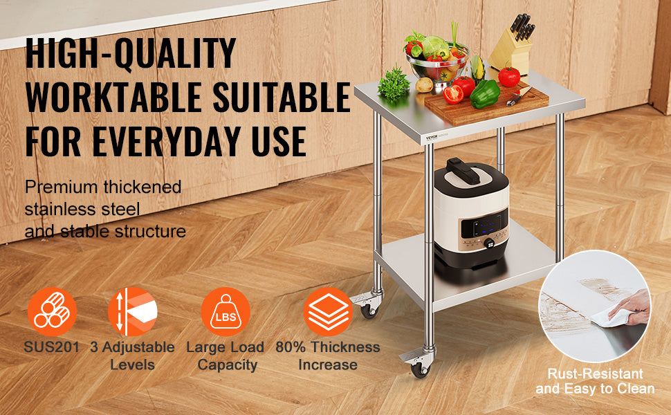 Heavy Duty Stainless Steel Work Table with Wheels Adjustable Height