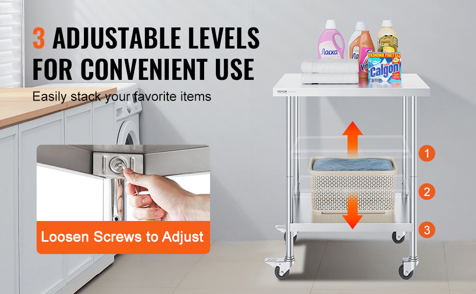 Heavy Duty Stainless Steel Work Table with Wheels Adjustable Height