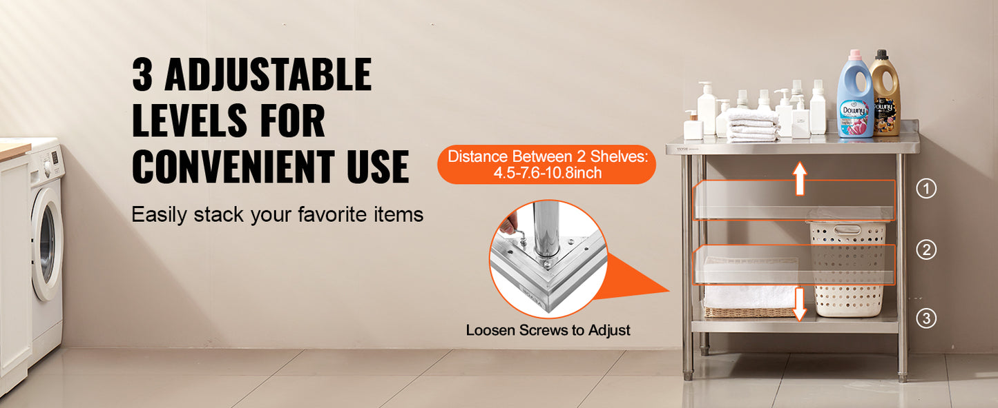 SucceBuy Stainless Steel Work Table Heavy Duty Adjustable Kitchen Table