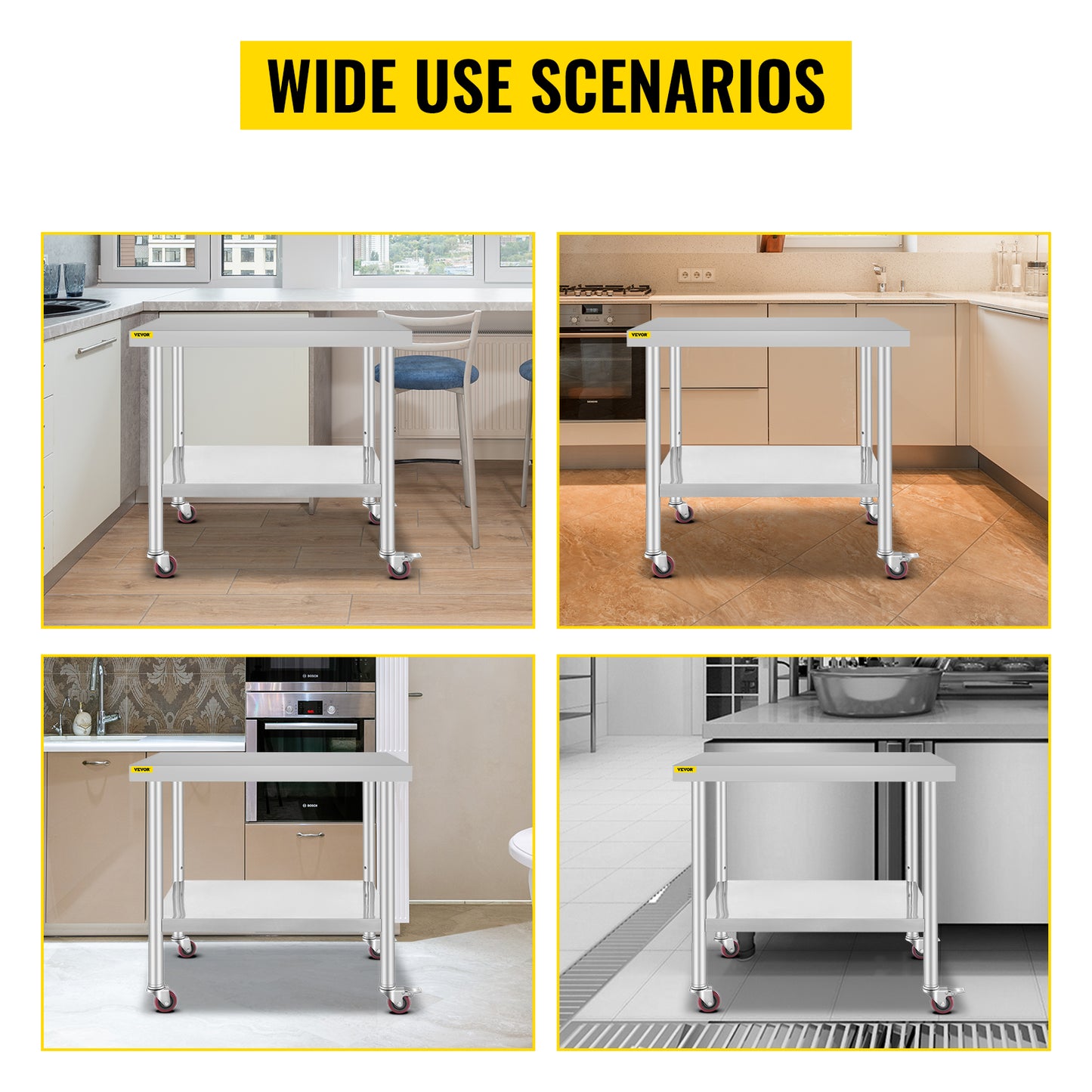 SucceBuy Stainless Steel Kitchen Prep Table with Caster Wheels 352 lbs Load